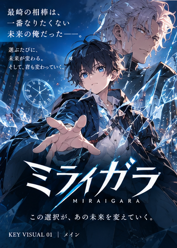 ミライガラの正式キービジュアル。現在と未来のハルトを、青い時空の破片が囲む。